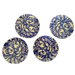 Set Of 4 Caskata Blue & White Peony Canapé Plates
